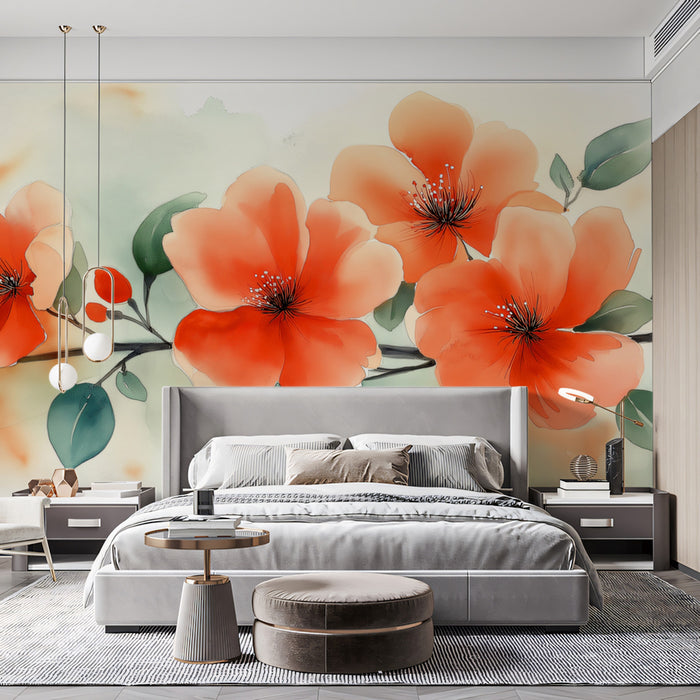 Ethereal Watercolor Floral Branch Mural Wallpaper | Soft and Serene Art