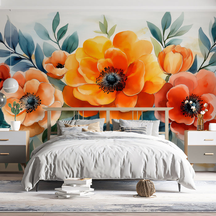 Vibrant Watercolor Floral Border Mural Wallpaper | Bold Botanical Art