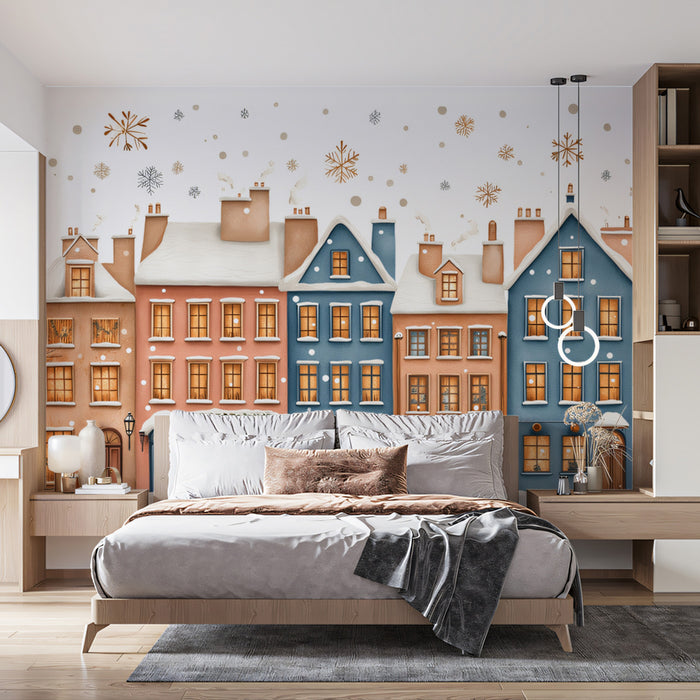 Charming Winter Townscape with Festive Houses Mural Wallpaper | Cozy Holiday Scene