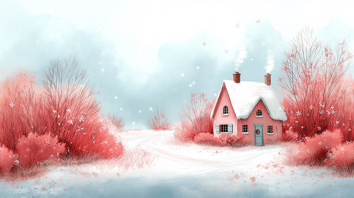 Whimsical Pink Cottage in a Snowy Winter Wonderland Mural Wallpaper | Serene Holiday Scene