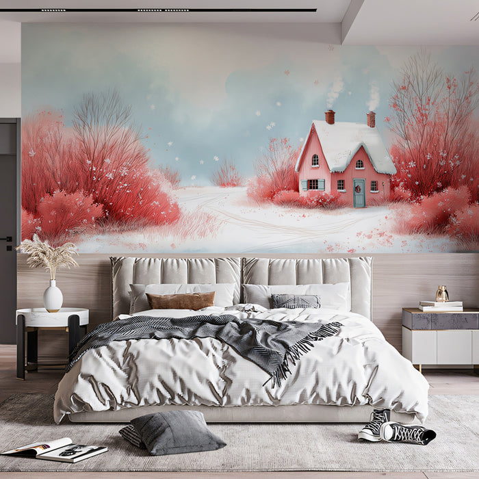 Whimsical Pink Cottage in a Snowy Winter Wonderland Mural Wallpaper | Serene Holiday Scene