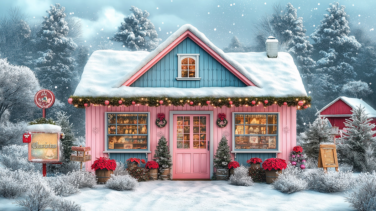 Carta da parati con negozio natalizio rosa e blu capriccioso | Scena festiva delle vacanze