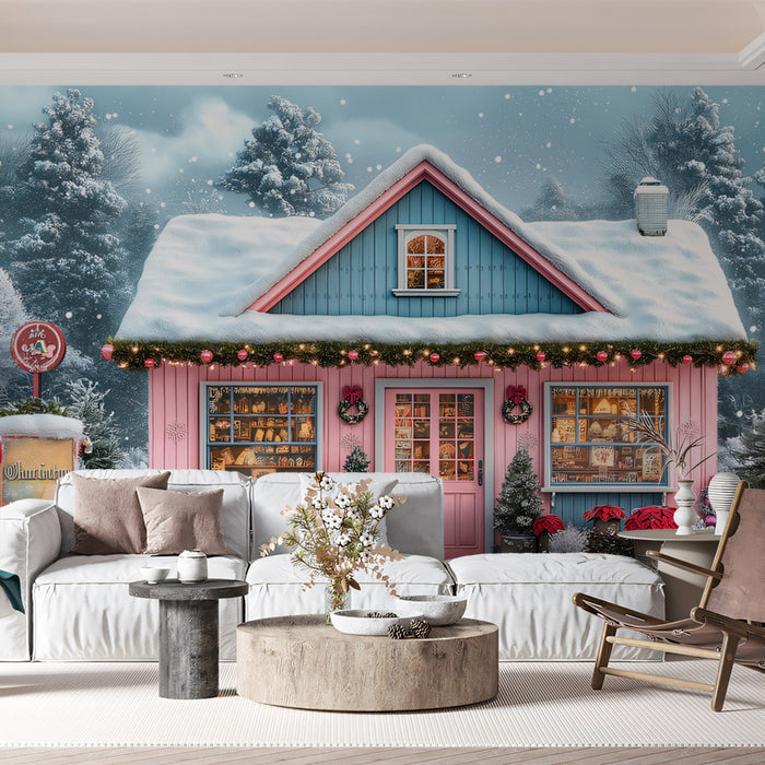 Whimsical Pink and Blue Christmas Shop Mural Wallpaper | Festive Holiday Scene