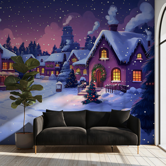 Magical Christmas Village at Night Mural Wallpaper | Cozy Holiday Scene