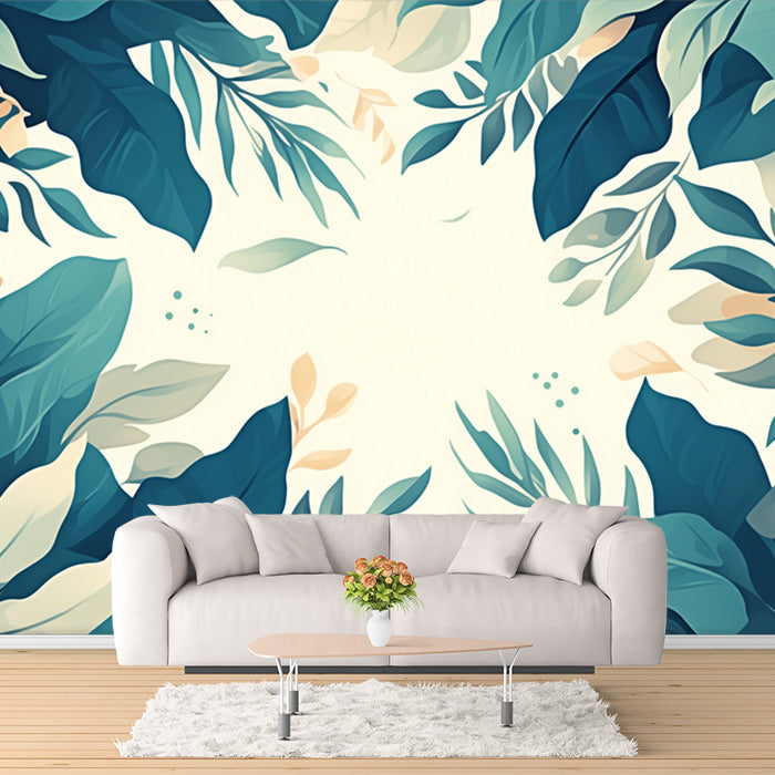 Carta da parati murale a foglie tropicali per un soggiorno | Foglie verdi, blu e beige