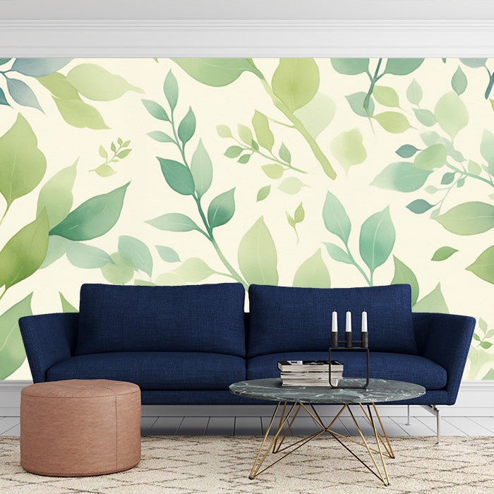 Green Leafy Mural Wallpaper for a Lounge | Various Shades of Green and Beige Leaves
