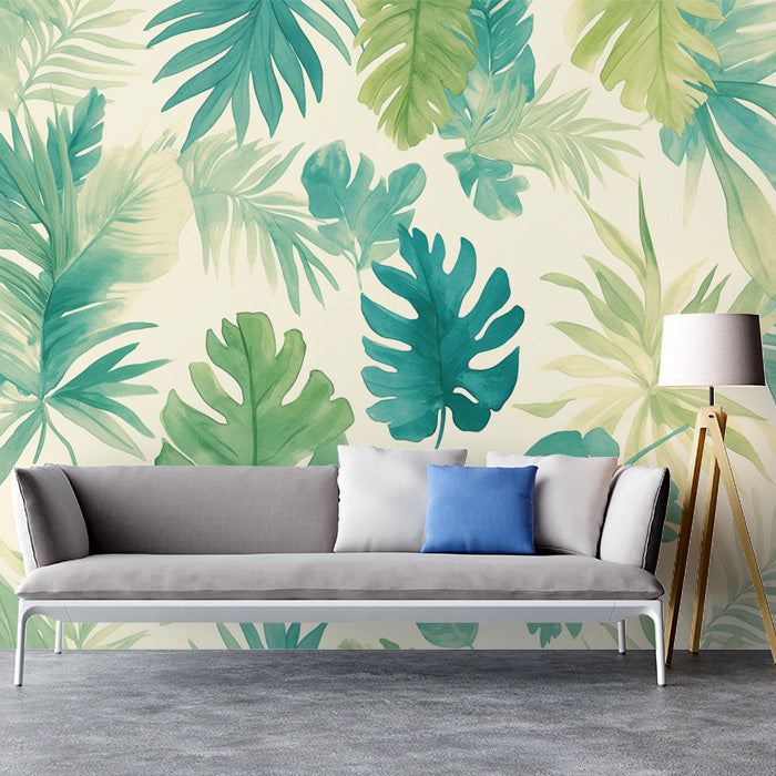 Carta da parati murale foglie tropicali | Foglie verdi, blu e beige