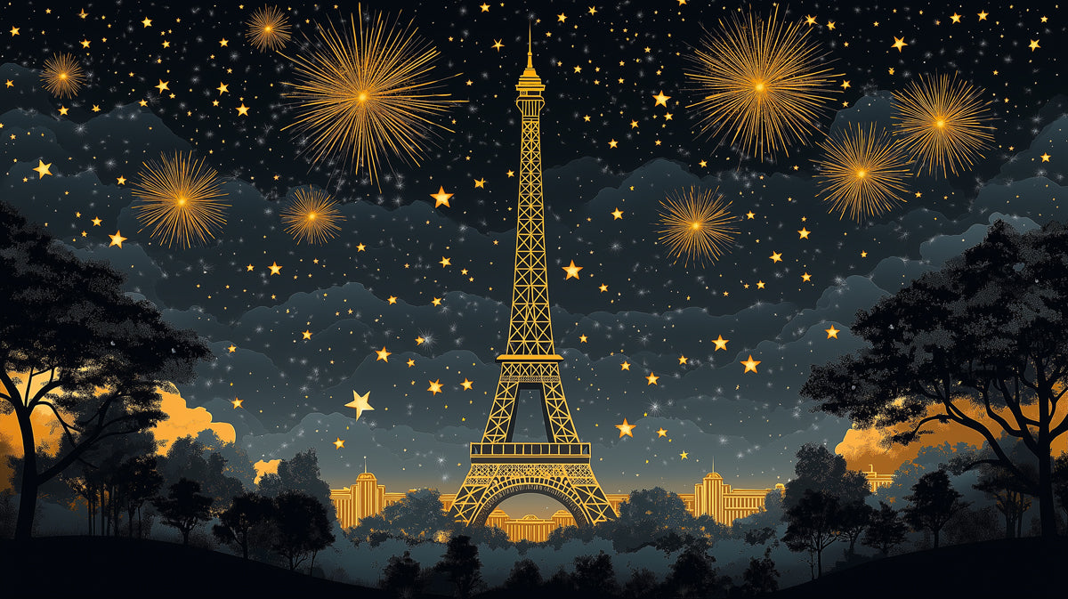 Papel Tapiz Mural de Celebración Parisina | Oro y Azul Medianoche