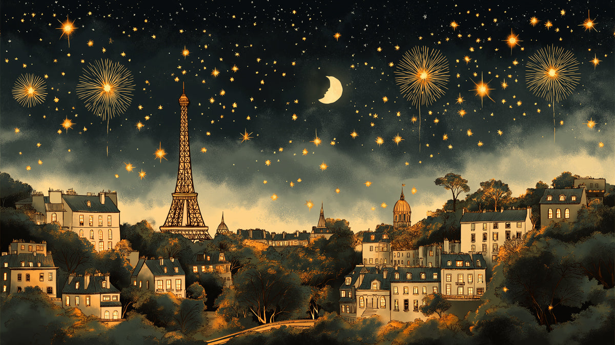 Papel tapiz mural Luz de estrellas sobre París | Oro, azul y naranja