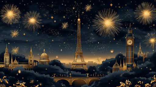 City skyline with Eiffel Tower and Big Ben under a starry night sky with fireworks.