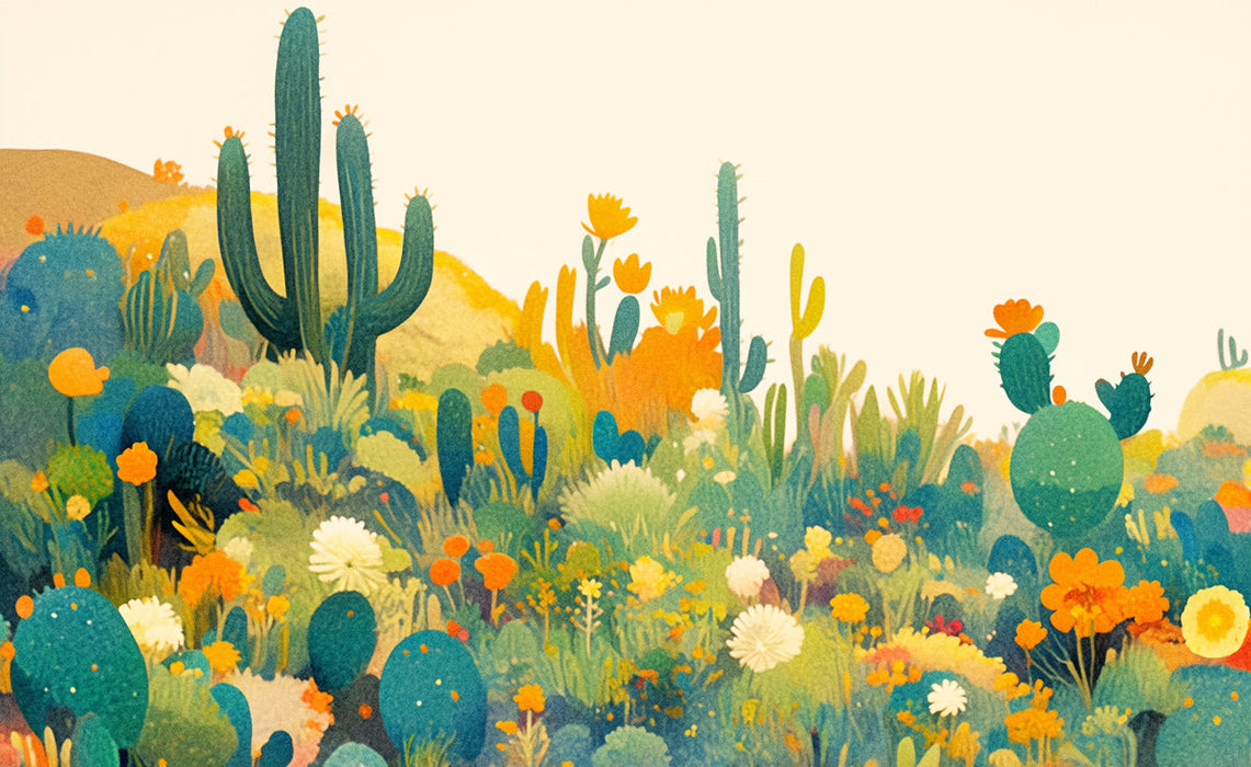 Carta da parati murale colorato del cactus del deserto | Cactus verde giallo blu e arancione