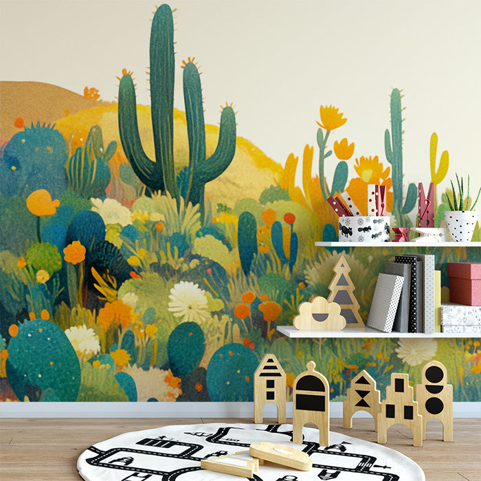 Carta da parati murale colorato del cactus del deserto | Cactus verde giallo blu e arancione