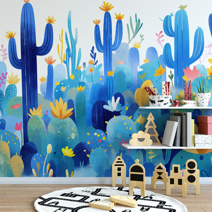 Carta da parati murale a tema cactus del deserto blu | Cactus blu, giallo e verde