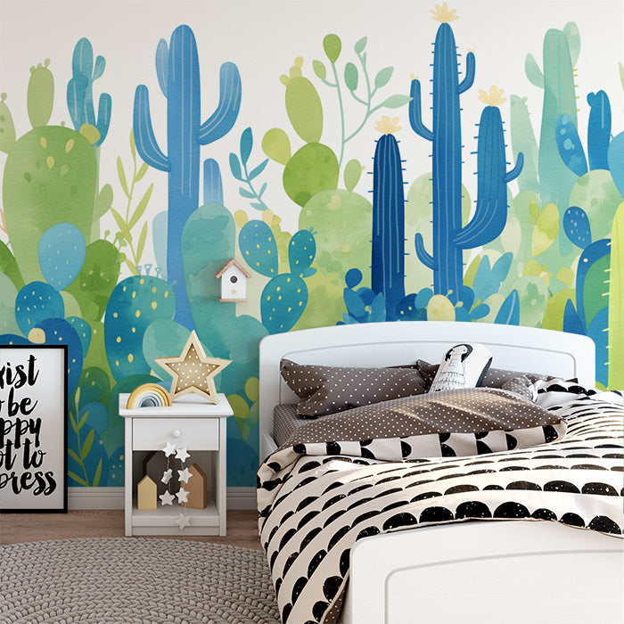 Papel tapiz mural de cactus del desierto azul | Cactus azules, amarillos y verdes -1