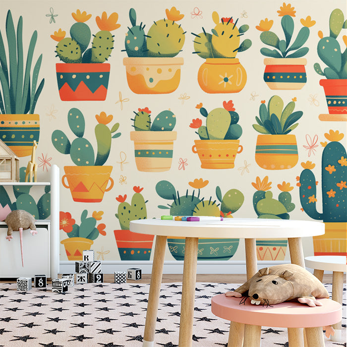 Cute Cactus Pattern Mural Wallpaper | Green, Orange and Beige Cactus -1
