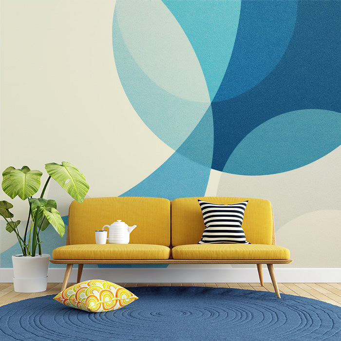 Carta da parati murale a cerchi geometrici blu | Cerchi blu crema e bianchi