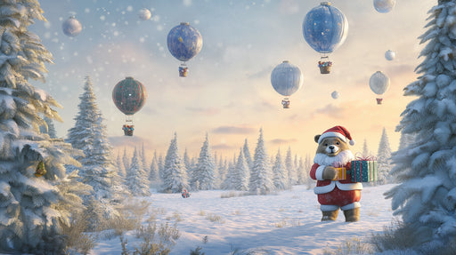 Animated bear in Santa Claus outfit with hot air balloons and snowy landscape