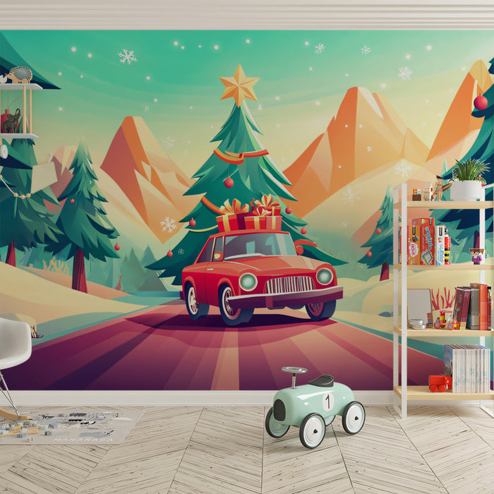 Festive Red Christmas Car Wallpaper | Snowy Holiday Road Trip with Tree