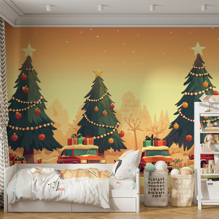 Festive Christmas Drive Wallpaper | Snowy Holiday Road Trip with Gifts