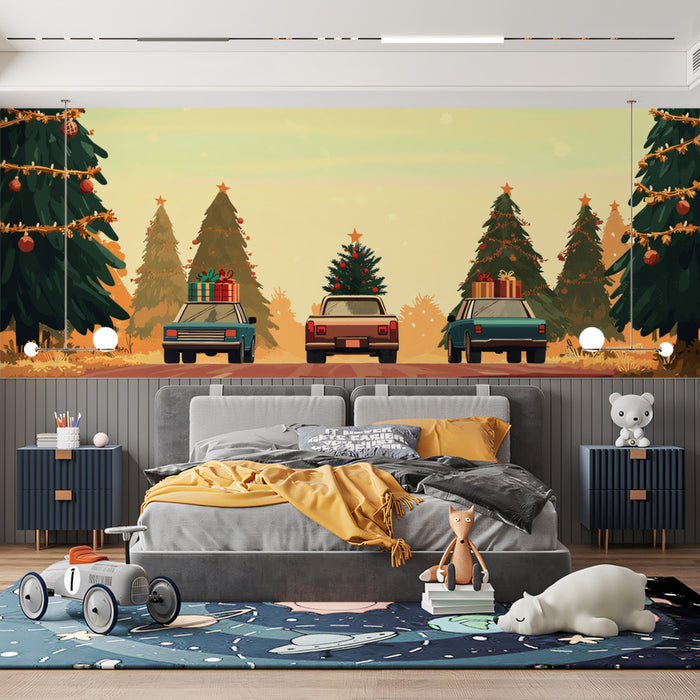 Scenic Christmas Road Trip Wallpaper | Holiday Journey with Festive Trees