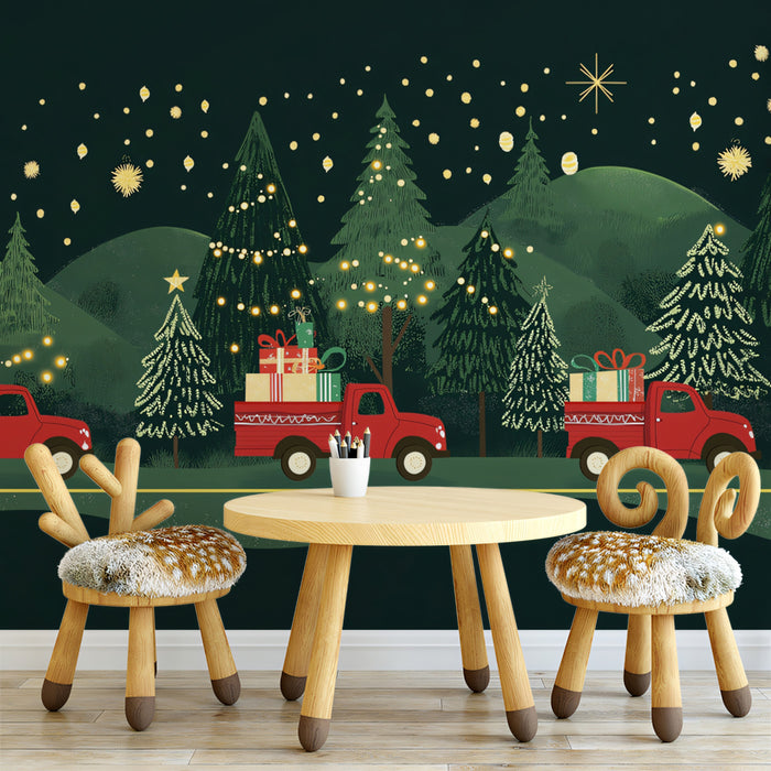 Rustic Night Christmas Drive Wallpaper | Festive Trucks in Snowy Forest