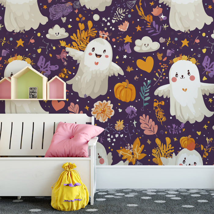 Spooky Cute Ghost Pattern Wallpaper | Whimsical Halloween Decor