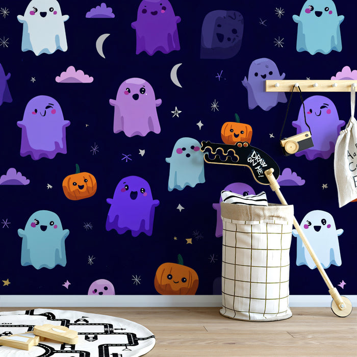Playful Pastel Ghost Night Wallpaper | Cute Halloween Constellation Scene