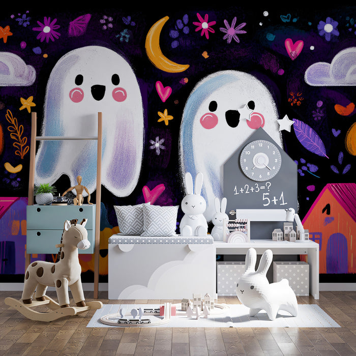 Whimsical Halloween Night Dream Wallpaper | Cute Ghosts, Pumpkins & Houses