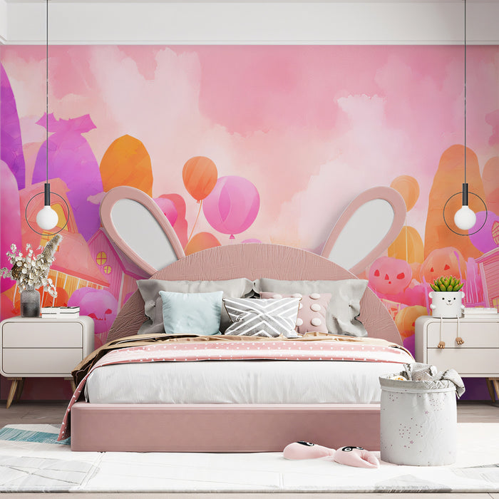 Pastel Halloween Townscape Wallpaper | Dreamy Spooky Village with Balloons
