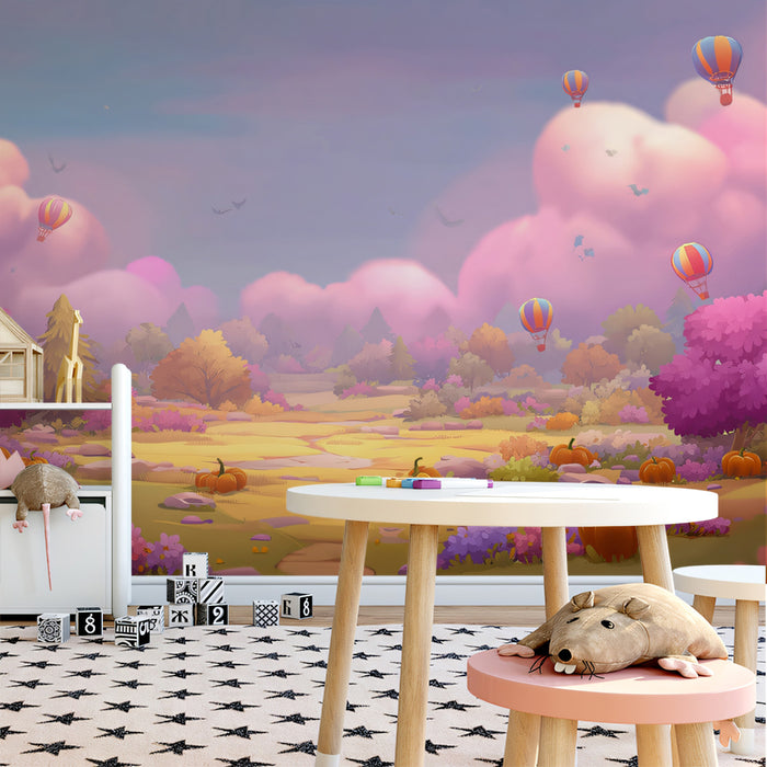 Pastel Autumn Fields Wallpaper | Whimsical Pumpkin Landscape with Hot Air Balloons