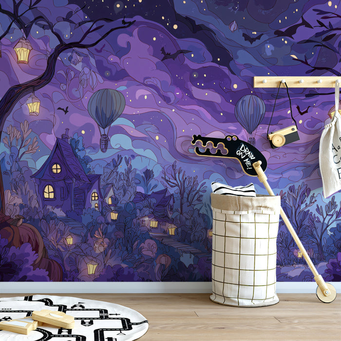Enchanted Purple Halloween Village Wallpaper | Dreamy Night Landscape with Hot Air Balloons