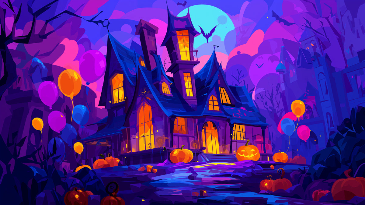 Spooky Mansion Halloween Night Wallpaper | Vibrant Haunted House with Balloons