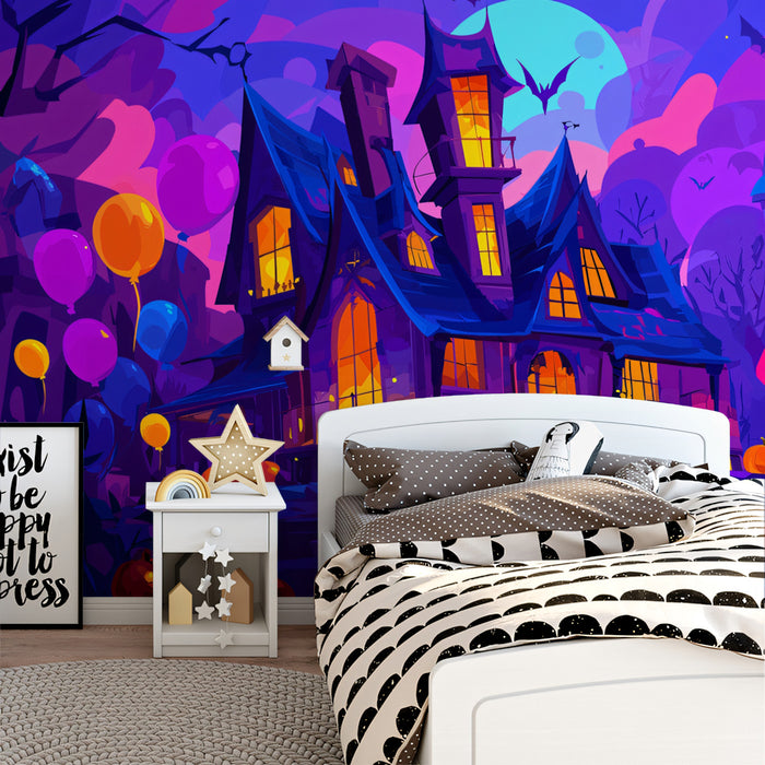Fond d'écran de la Nuit d'Halloween dans une Maison Hantée | Maison Hantée Vibrante avec des Ballons