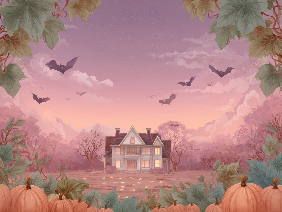 Elegant Haunted Manor Sunset Wallpaper | Paesaggio di Halloween Rosa con Pipistrelli