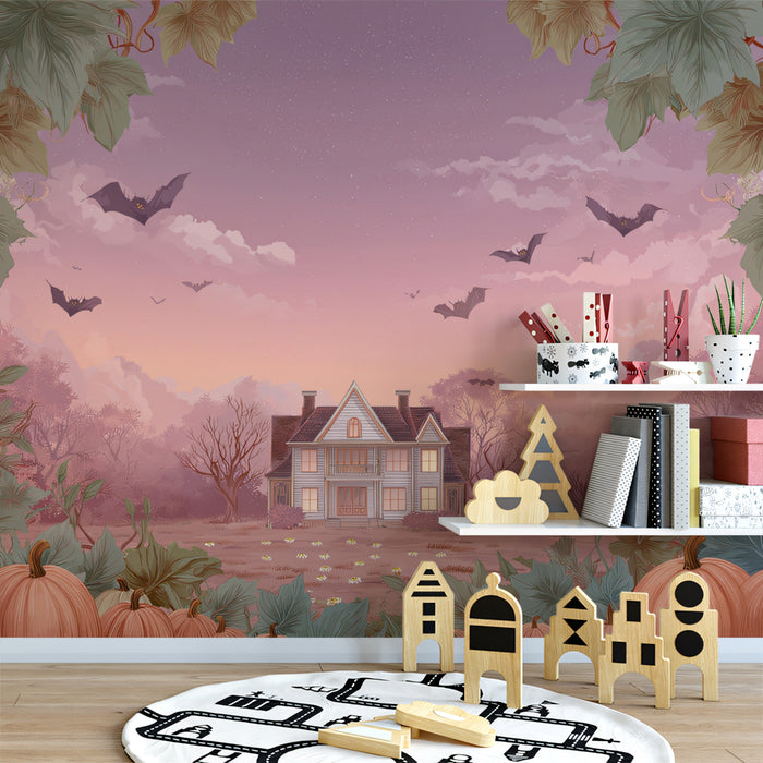 Elegant Haunted Manor Sunset Wallpaper | Paesaggio di Halloween Rosa con Pipistrelli