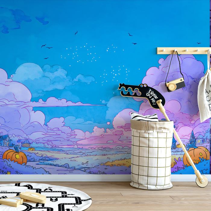 Pastel Sky Halloween Fields Wallpaper | Dreamy Landscape with Spooky Clouds