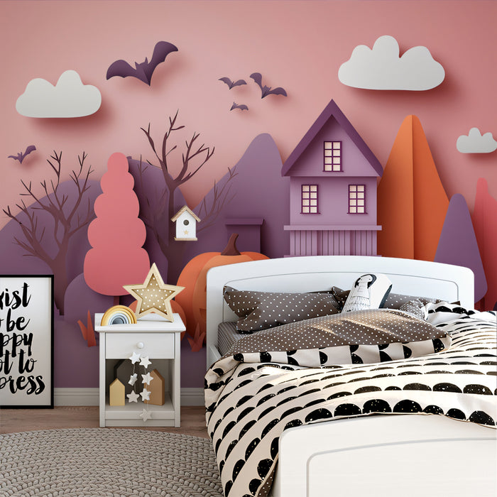 Fondo de pantalla de escena de Halloween con cortes de papel juguetones | Casa encantada y calabazas adorables