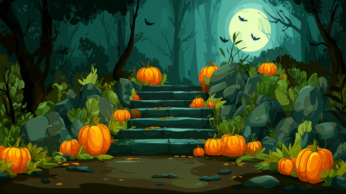 Eerie Forest Pumpkin Staircase Wallpaper | Moonlit Halloween Path