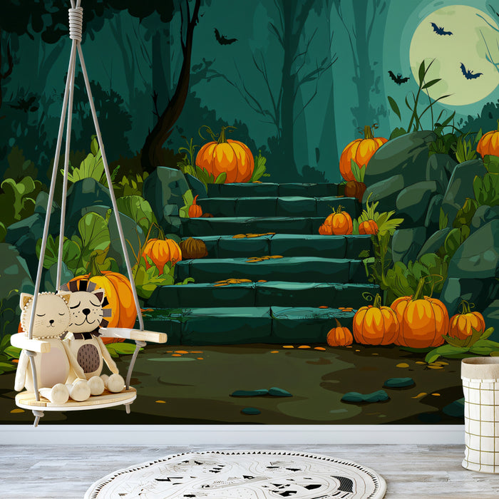 Eerie Forest Pumpkin Staircase Wallpaper | Moonlit Halloween Path
