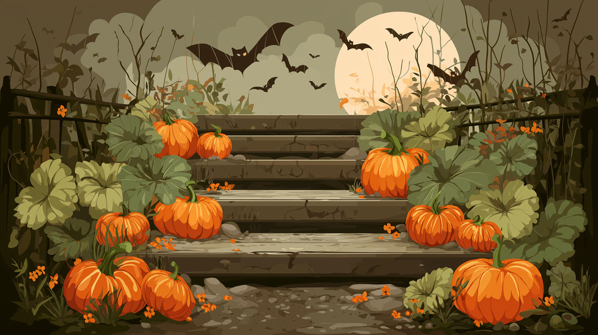 Rustic Halloween Pumpkin Steps Wallpaper | Vintage Autumn Night Scene
