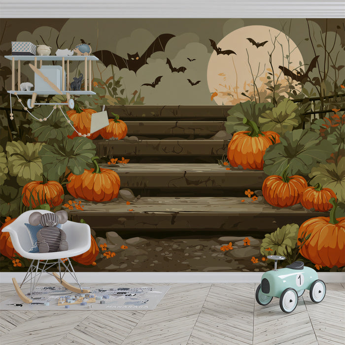 Rustic Halloween Pumpkin Steps Wallpaper | Vintage Autumn Night Scene
