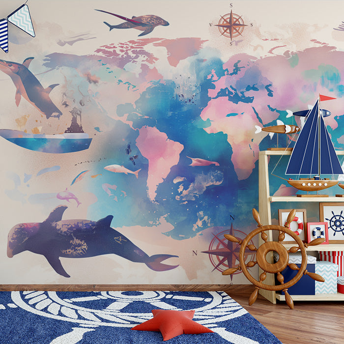 World Map with Dolphins Mural Wallpaper | Blue, Pink, and Various Pastel Shades World Map