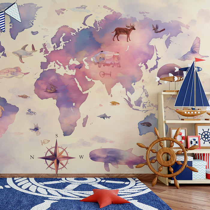 World Map with Dolphins Mural Wallpaper | Blue, Pink, and Various Pastel Shades World Map -1