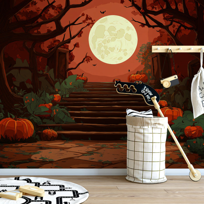 Moody Halloween Stairway Wallpaper | Full Moon Pumpkin Path