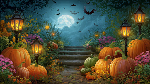 Halloween-themed garden with pumpkins, lanterns, and bats under a full moon.