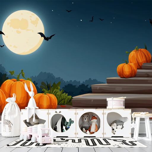 Halloween-themed scene with pumpkins, a full moon, and decorative items on a staircase.