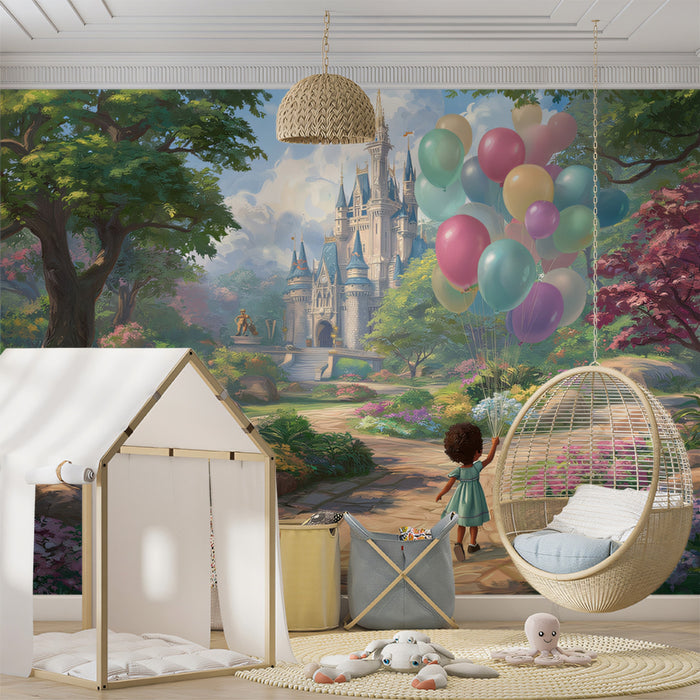 Magical Castle Journey Wallpaper | Girl with Flowers and Balloons