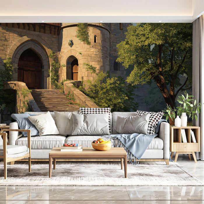 Sun-Drenched Medieval Castle Entrance Wallpaper | Tranquil Stone Architecture Scene