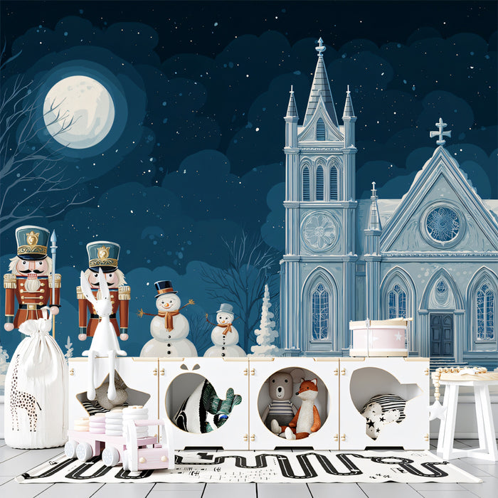 Snowy Townhouse Holiday Scene Wallpaper | Festive Winter Street