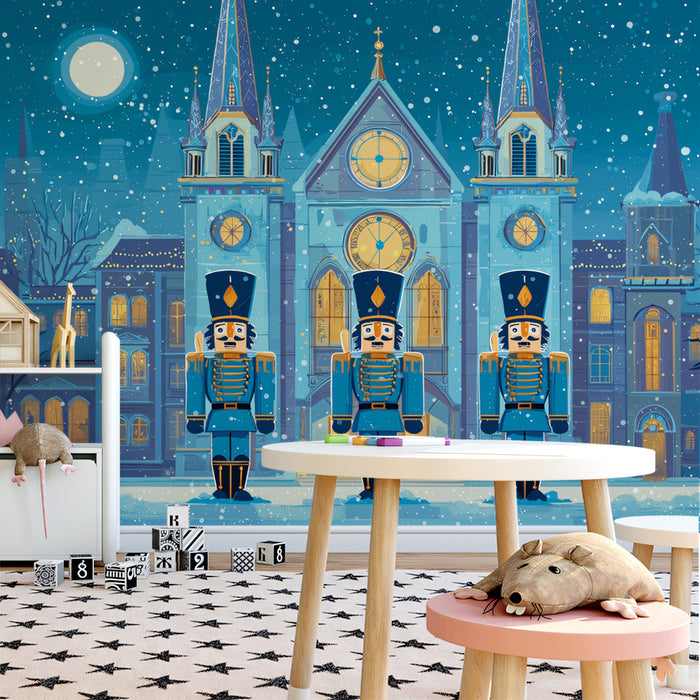 Fondo de pantalla de iglesia de Navidad iluminada con guardias cascanueces | Pueblo invernal festivo